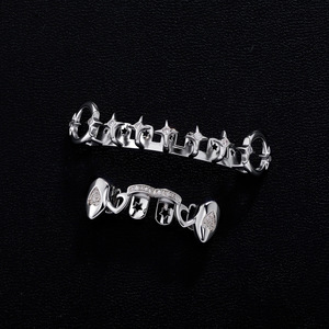 Grillz para dientes con diseño de estrella y cruz, conjunto plateado, diseño geométrico, engaste de bisel, unisex, para uso diario. - Product Image 1