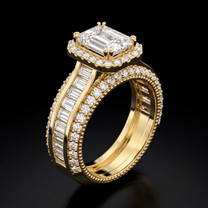 Anillo de Oro Amarillo de 14K con Corte Esmeralda, Halo de Diamantes Blancos, Engaste Pavé con Piedras Laterales, Certificado IGI, Joyería Fina de Lujo para Boda - Product Image 1