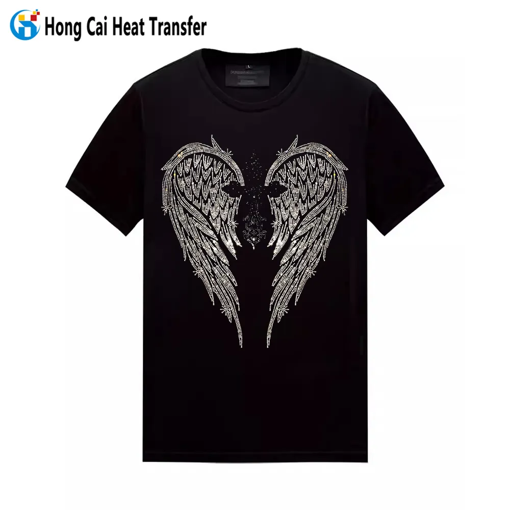 Hongcai hombres unisex suave personalizado rhinestone logo estampado manga corta negro blanco camiseta deportes en blanco camiseta