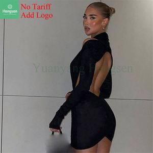 2022 abito Casual moda profondo scollo a v Mini abito a maniche lunghe senza schiena estate e autunno abito Sexy collant da <span class=keywords><strong>donna</strong></span> - Product Image 6