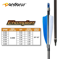 Flèche de tir à l'arc en carbone pur Pandarus Champion 0,001'' ID 6,2 mm SP300/350/400/500/600/700/800 avec plumes de dinde