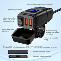 Chargeur de guidon de moto 7/8 pouces avec voltmètre, interrupteur marche/arrêt, prise de charge rapide SAE vers USB 24W double QC3.0 pour téléphone et tablette
