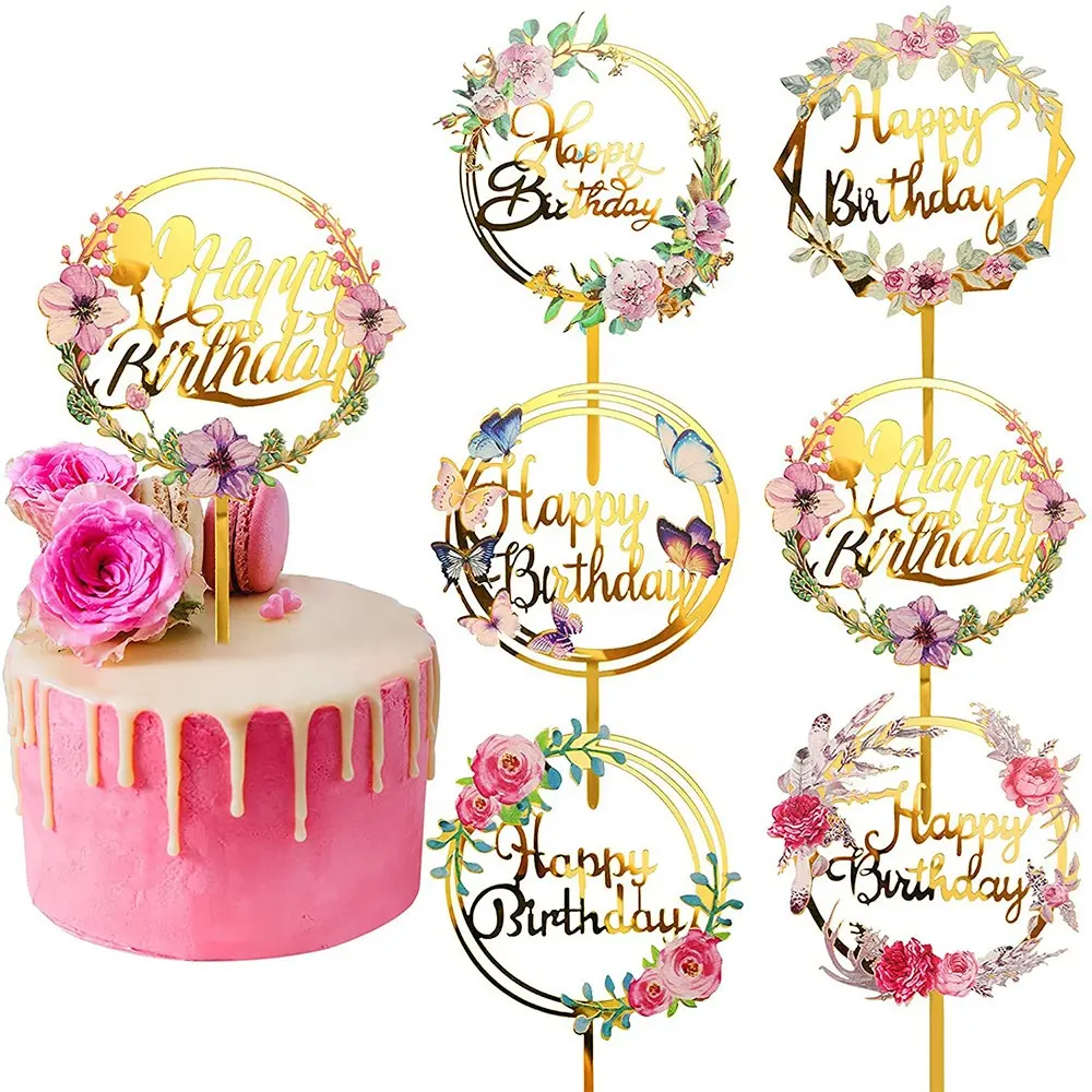 お誕生日おめでとうケーキトッパーゴールドフラワーアクリルカップケーキトッパーさまざまなパーティーアニバーサリーペストリーの装飾