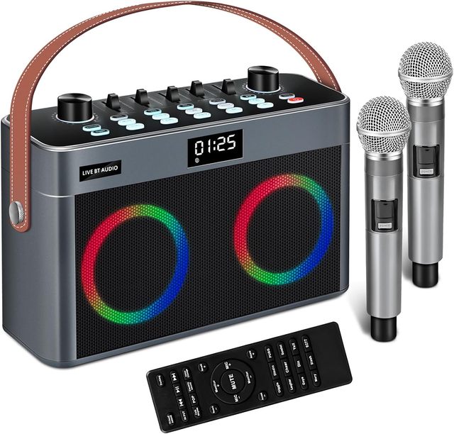 Portable Mini Karaoke Sound Card Speaker with LED Light & Dual Wireless Microphone 50W 20Hz-20kHz Home Use OEM ABS