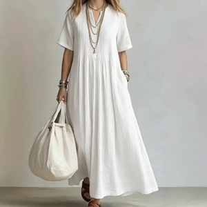 Abito lungo estivo da donna 2026 nuovo all'ingrosso, scollo <span class=keywords><strong>a</strong></span> V, vestibilità ampia, manica corta, in cotone e lino, plissettato, taglie forti S-3XL - Product Image 6
