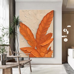 Hand Painted Oil Painting Orange Leaves Art <b>Canvas</b> <b>Wall</b> Decor For Living Room Entryway Modern Minimalist Style Rectangle Beige - Product Image 1