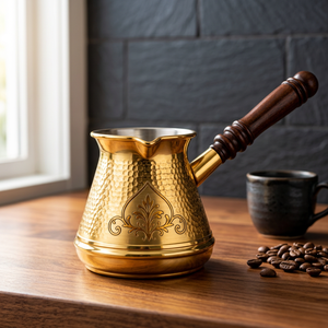 หม้อกาแฟตุรกีทองเหลืองตีลายแบบหรูหราเป็นมิตรกับสิ่งแวดล้อมพร้อมด้ามจับไม้ - Product Image 2