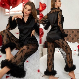 Ensemble de pyjama de luxe en satin sexy avec haut à manches longues et pantalon en <span class=keywords><strong>dentelle</strong></span> contrastante, pyjama doux et moelleux avec volants en maille, ensemble de vêtements d'intérieur 2 pièces - Product Image 1