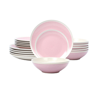 Service de table en grès de qualité supérieure de 18 pièces pour 6 personnes, bicolore rose poudré et blanc cassé moucheté, pour la maison, la cuisine et la salle à manger