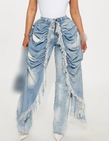 Pantalon cargo en jean délavé coupe droite unique pour femme, style streetwear décontracté, automne-hiver-printemps, avec volants et plis