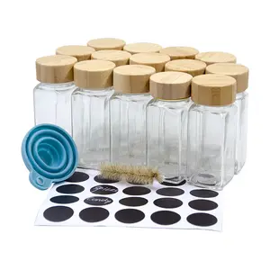 Spice Fles Shaker Glazen Pot Set Bamboe Deksel En Labels