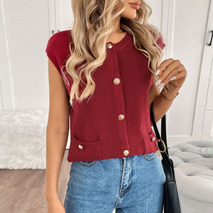 Vêtements pour femmes 2025 automne nouveau vin rouge gilet ample décontracté Simple sans manches simple boutonnage tricoté gilet - Product Image 1