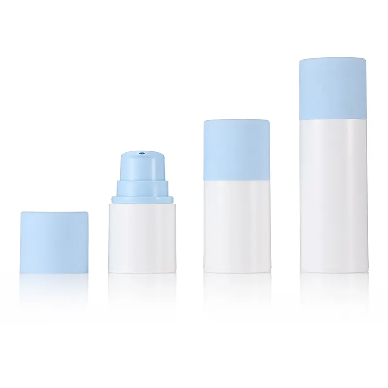 लोकप्रिय लोशन पंप बोतल के साथ बेलनाकार 30 मिलीलीटर सफेद पीपी प्लास्टिक वायुहीन पंप बोतल