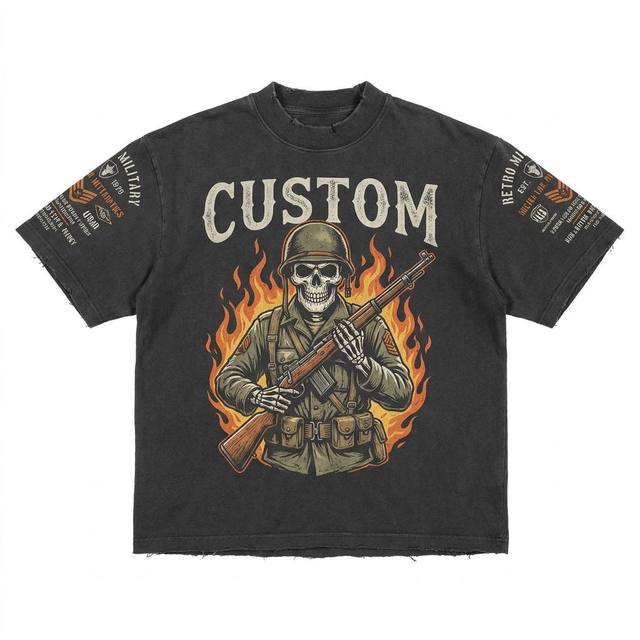 Custom DTG Graphic 230gsm Heavyweight Vintage Cotton T-Shirt Streetwear Men Wash Skull Graphic Print Streetwear Tee Shirt