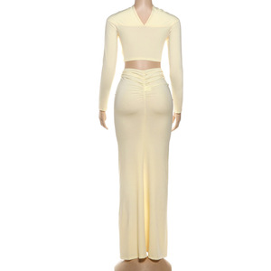 New Fashion Solid Color <b>Sexy</b> Cutout Long Sleeve Ruched Bodycon Two-Piece <b>Set</b> for Women Fashion - Product Image 6