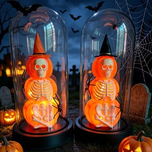 Halloween Decoration Warm Glow Halloween Light Halloween Skeleton Dome Cloche <b>Battery</b> <b>Operated</b> Lamp with Witch Hat Spooky - Product Image 2