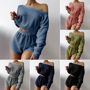 Pyjama haut à épaules dénudées Short respirant gaufré mode pyjama décontracté costume ensembles de vêtements de nuit - Product Image 2