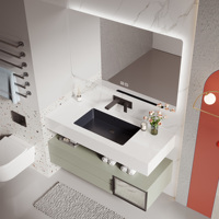Meuble-lavabo flottant minimaliste en bois massif, vasque intégrée en pierre frittée, miroir LED intelligent