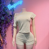 Crop top à rayures à une épaule et manches courtes, ensemble 2 pièces pour femme, tenues élégantes décontractées printemps-été