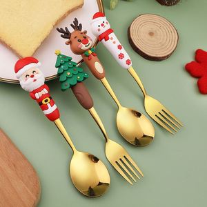 Ensemble de cuillères et fourchettes de Noël en or et argent, cuillère à café motif élan, cuillère en acier inoxydable mignonne de dessin animé, cadeau poupée Père Noël - Product Image 4