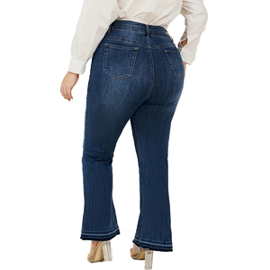 Pantalones vaqueros de mezclilla acampanados azul oscuro de cintura media <span class=keywords><strong>para</strong></span> <span class=keywords><strong>mujer</strong></span>/mamá talla grande estilo informal elástico alto directo de fábrica de China al por mayor - Product Image 3