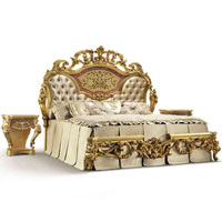 Ensemble de lit King Size en bois de bouleau réglable de luxe français avec incrustation de feuilles d'or, couleur personnalisable et design écologique