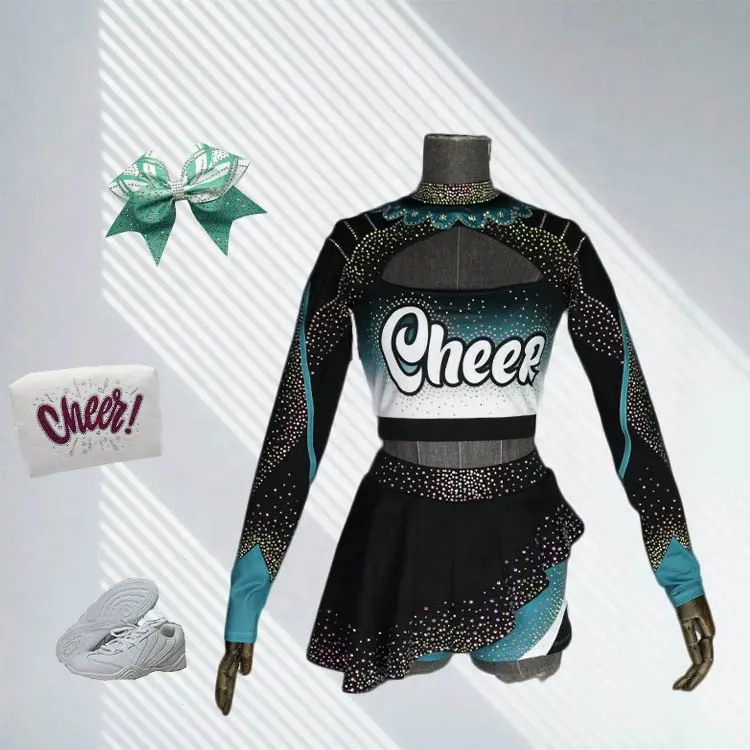 Lieferanten Dye Sublimation 2 Stück Langarm Cheerleading Uniformen Grüne Cheerleading Uniformen Kinder