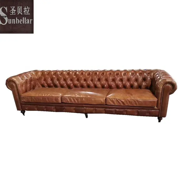 Đồ Nội Thất Sang Trọng Sofa Set Top Grain Da Chesterfield Tufted Nút Đau Khổ Vintage Tan Da Couch Phòng Khách Sofa