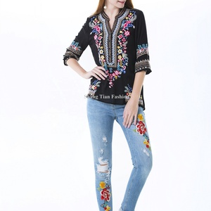 Blusa de Seda Bordada con Flores para Mujer, Otoño, Color Personalizado, Estampado Floral para Mujer, Negro - Product Image 2