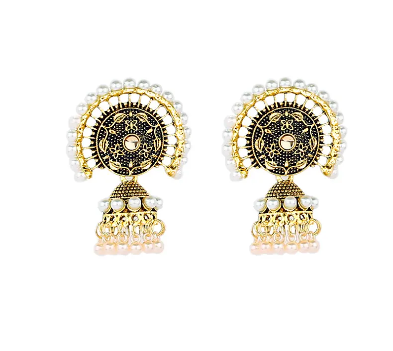 2022 Luxury Ladies Earing Jewelry Set Wholesale Charm Traditional Indian Jhumka Gold Silver Plated Pearl Bell Earrings For women