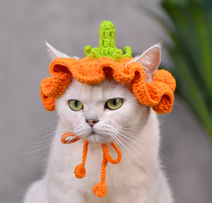 Gorro de ganchillo con volantes de calabaza para mascotas, gorra floral de poliéster para gatos y perros, accesorio para la cabeza de animales para fiestas de primavera y disfraces. - Product Image 3