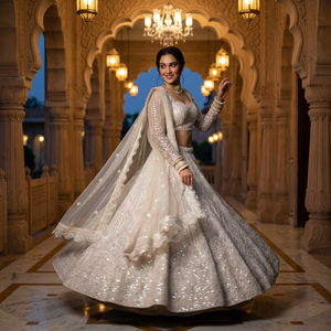 Antra Lifestyle Designer Lehenga Choli indien blanc moderne, prêt-à-porter, dernière collection, pour mariages et fêtes, avec broderie miroir, en matériaux recyclés - Product Image 1