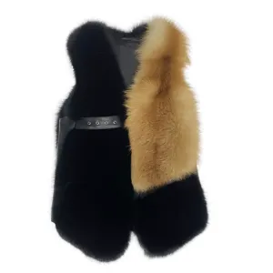 Black and brown patchwork leather decorative fur fox vest women sleeveless real furry fox fur vest waist coat