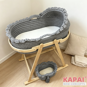 <strong>Grey</strong> Hand Woven Baby Bassinet <strong>Moses</strong> <strong>Basket</strong>, Rockable Wooden Stand, Portable Newborn Sleeping Cradle - Product Image 3