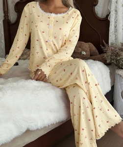 Pijama informal de algodón amarillo con estampado para mujer, conjunto de dos piezas, ropa de dormir personalizable, ODM - Product Image 6