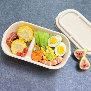 Oil Resistant 950Ml -2 Compartment Sugarcane Bagasse Lunch Box Biodegradable <b>Disposable</b> Food Container for Outdoor <b>Barbecue</b> - Product Image 1