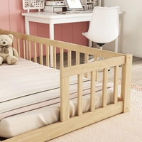 Lit double moderne et robuste pour tout-petits avec rangement, design Montessori en bois naturel, pour chambre à coucher, avec barrières de sécurité