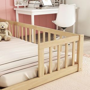 Muebles Resistentes para Guardería, <span class=keywords><strong>Cama</strong></span> <span class=keywords><strong>Doble</strong></span> Individual de Piso, Marcos de <span class=keywords><strong>Cama</strong></span> <span class=keywords><strong>Doble</strong></span> Individual, <span class=keywords><strong>Cama</strong></span> <span class=keywords><strong>Montessori</strong></span> de Madera Natural para 2 Niños con Barandillas de Protección - Product Image 5