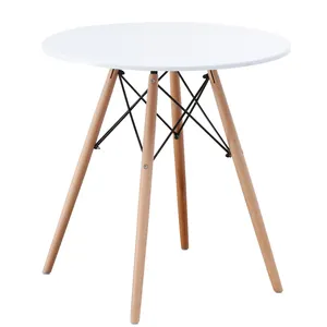 Wholesale restaurant wooden legs round dining table white MDF top kitchen dining room furniture