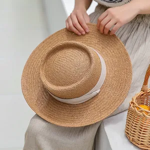 2022 New Simple Hand Woven Retro Flat Top Outdoor Beach Sunhat Casual Straw Hat Female Summer Straw Beach Sun Straw Hats