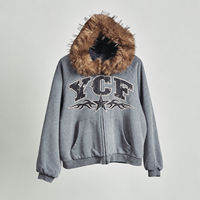 Fabricant de vêtements streetwear en molleton avec capuche zippée en fausse fourrure et lettres en chenille, graphisme vieilli, pour hommes, personnalisable OEM ODM