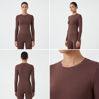 SUHE Baju Terusan Rajut Tanpa Jahitan Lengan Panjang Slim Fit Streetwear Wanita Kerah Bulat Lapisan Dasar Elastis Seperti Kulit Kedua Bordir