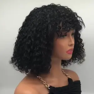 machine made short bob wigs 180% 12inch Wholesale naturally black Machine Made Human hair Bob Wig whit bangs for women