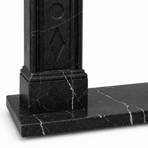 Chimenea tradicional de mármol con tallado ornamentado, de mármol negro Marquina, para interiores, con estufa de leña para comedor. - Product Image 4
