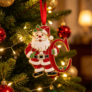 Pendentif <span class=keywords><strong>de</strong></span> Noël en alliage <span class=keywords><strong>de</strong></span> zinc, motif Père Noël, lettre C, émail rouge, strass scintillants, boucle, gants blancs, houx - Product Image 1