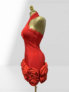 Boutique donna di alta qualità 3D fiore bocciolo Sexy collo all'americana abito alla moda rosso fasciante elegante abito da festa - Product Image 3