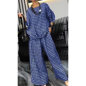 Ensemble décontracté à carreaux pour femmes, pantalon large à cordon de serrage et boutons au dos, tendance - Product Image 3