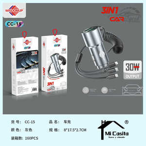 WEDOMUP Caricabatterie per auto 3 in 1 con uscita da 30 W CC-15 USB Type C per uso veicolare - Product Image 3