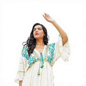 Robe de invitée de mariage élégante en dentelle blanche, style bohème, florale, mi-longue, indienne, faite à la main, légère, tenue de villégiature estivale, lavable - Product Image 1