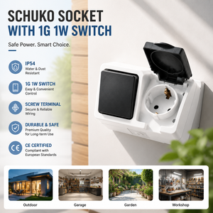Enchufe Schuko IP54 <span class=keywords><strong>con</strong></span> <span class=keywords><strong>interruptor</strong></span> de 1 vía y 1 toma, <span class=keywords><strong>tapa</strong></span> transparente, 16A 250V, cubierta transparente, montaje en superficie, combinación de <span class=keywords><strong>interruptor</strong></span> y toma de pared, CE - Product Image 1